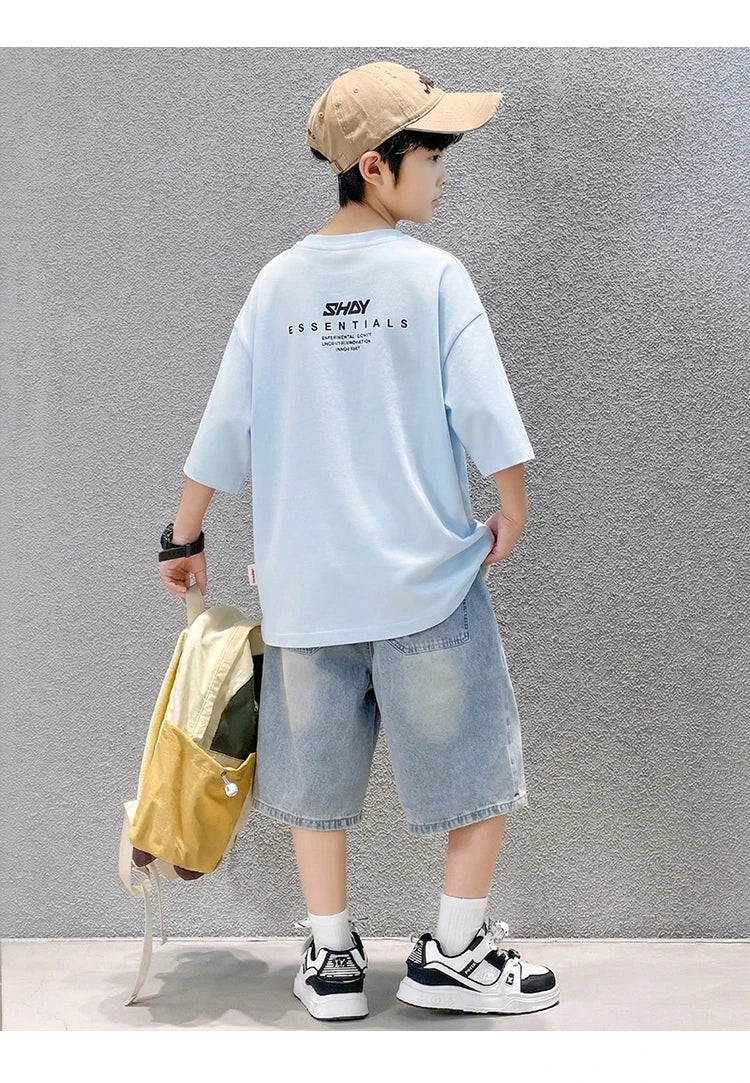 Tween Boys Summer Sets Clothing Child Tshirt Denim Shorts Two Pieces Sports Suit For Kids Teenagers 5 6 7 8 9 10 11 12 13 14 Yrs