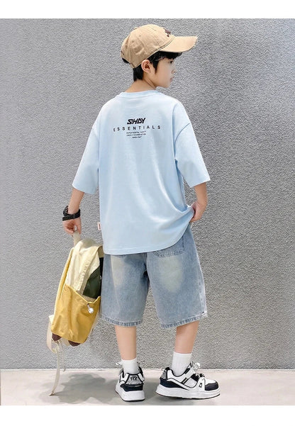 Tween Boys Summer Sets Clothing Child Tshirt Denim Shorts Two Pieces Sports Suit For Kids Teenagers 5 6 7 8 9 10 11 12 13 14 Yrs