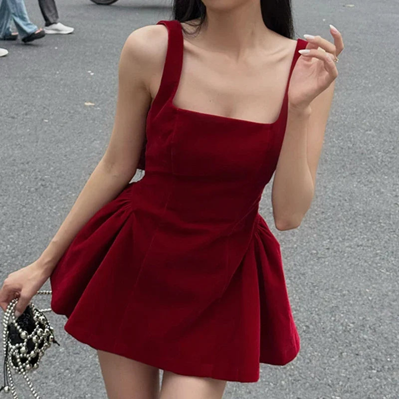 Fashion Red Bowknot Mini Dress Straps Square Collar Sleeveless Backless Vintage Cute Ladies Slim Party Short A-line Dresses
