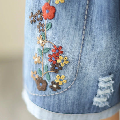 Embroider Shorts Jean For Women Summer Japanese Style Ethnic Elastic Waist Blue Flowers Embroidery Denim Shorts y2k