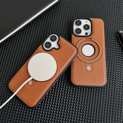 Luxury Leather Metal Magnetic Ring Stand Magsafe Case For iPhone 17 16 15 14 13 12 Pro Max Plus 17Air Business Hollow Logo Cover