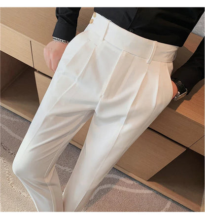 British Style Twill Pleat Design Naples High Waist Casual Trousers Fashion Man Slim Simple Social Party Suit Pant Plus Size 38