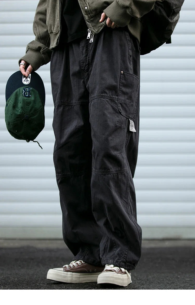 Japanese Vintage Cargo Pants Men Premium Cotton Loose Fit Straight Leg American Fashion Casual Trendy Streetwear Long Workwear