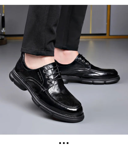 Summer Hallow Cow Leather Shoes for Men Fashion Casual Black New Designer Dress Shoes Male Lace Breathable Platform Shoes Man