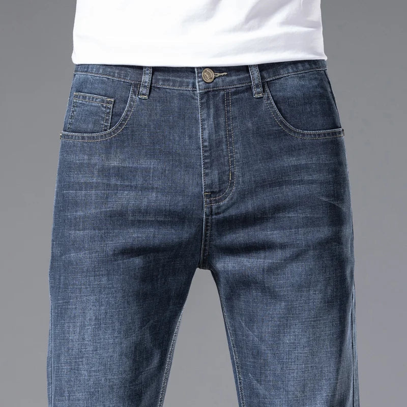 2024 Men's New Autumn Straight Casual Jeans Light Blue Classic Breathable Comfortable No Ironing Stretch Denim Trousers Male