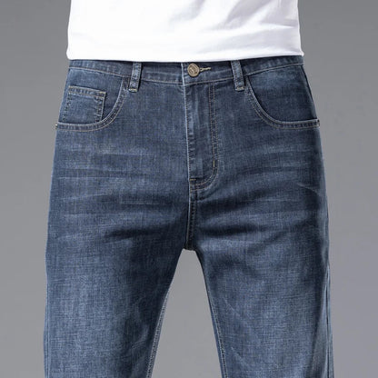 2024 Men's New Autumn Straight Casual Jeans Light Blue Classic Breathable Comfortable No Ironing Stretch Denim Trousers Male