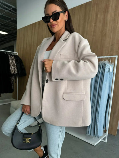 Women Casual Loose Fit Blazer Jacket Elegant Lapel Neck Long Sleeve Button Decor Office Coat For Daily Streetwear