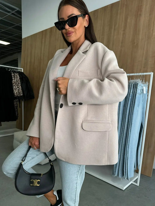 Women Casual Loose Fit Blazer Jacket Elegant Lapel Neck Long Sleeve Button Decor Office Coat For Daily Streetwear
