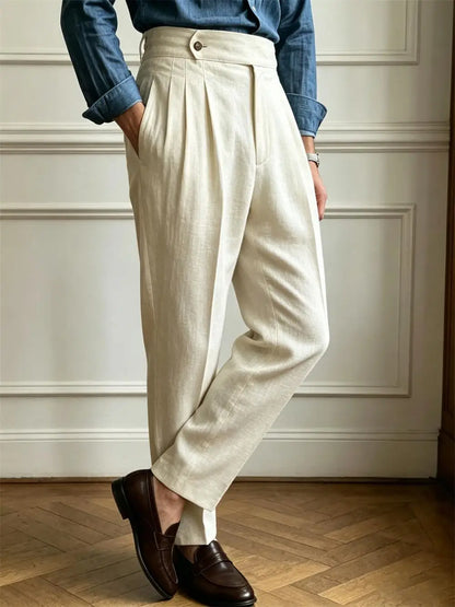 Classics Italian Naples Style Linen Men Suit Trousers Summer Trendy High Waist Pants Male Business Office Pleated Streetwear
