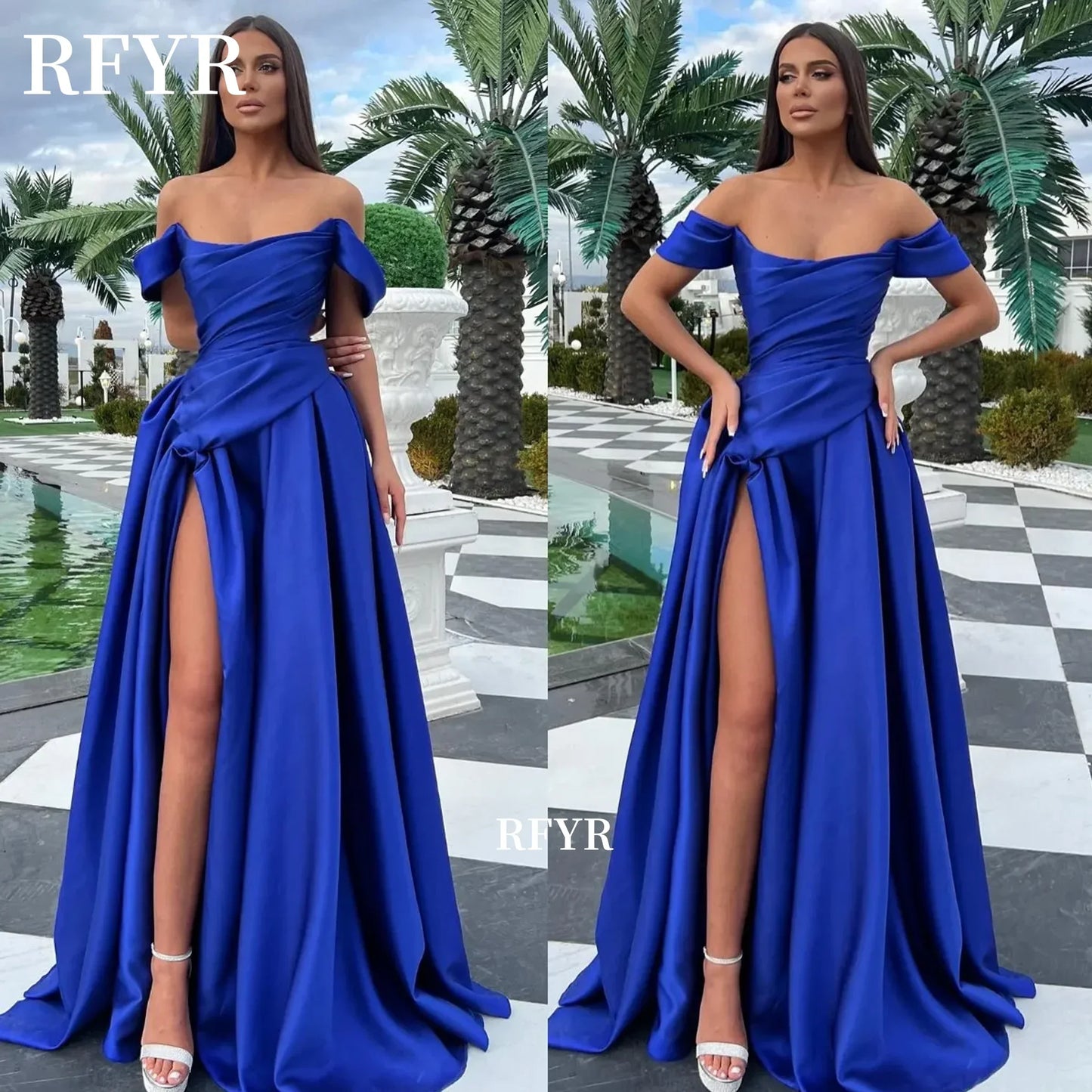 Navy Blue A-Line Evening Dresses Split Pleat Off the Shoulder Scoop Ruffle Prom Gown with Pleats Sweep Train Customized
