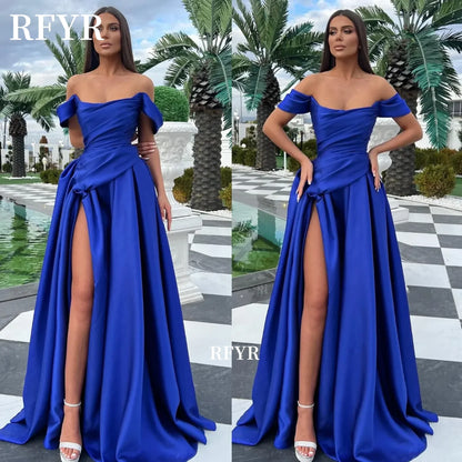 Navy Blue A-Line Evening Dresses Split Pleat Off the Shoulder Scoop Ruffle Prom Gown with Pleats Sweep Train Customized