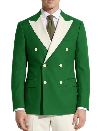 Classic Men's Tuxedo Jacket White Peak Lapel Patched Double Breasted Slim Fit Blazer for Business Formal Wedding Groom Prom Coat