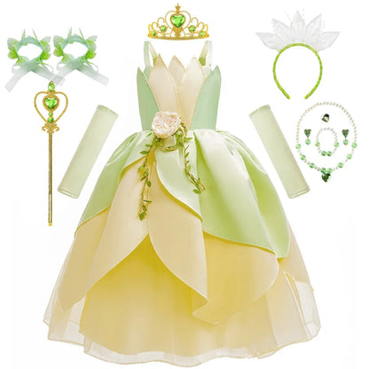 Tiana Fancy Girls Princess Costume Kid Carnival Dress Cosplay Floral LED Light Up Clothing Halloween Girls Christmas Party 2-11T
