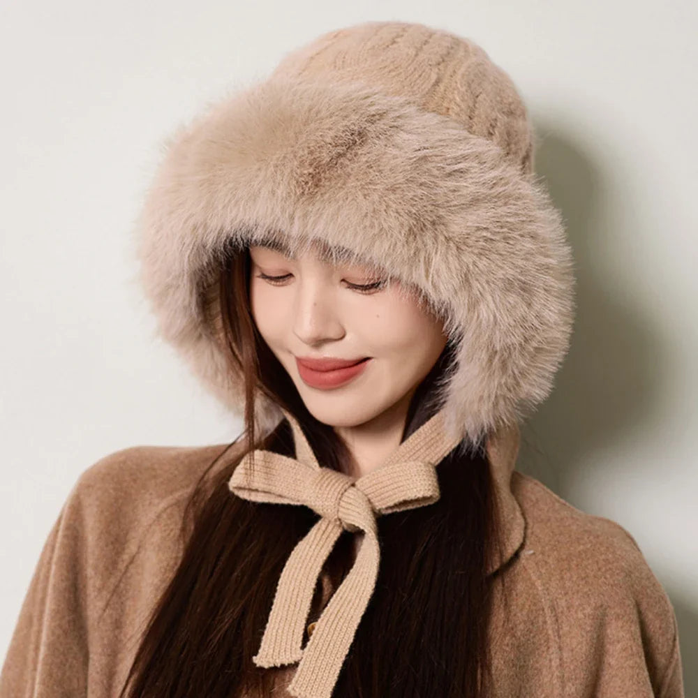 Knitted Hat New Thick Warm Winter Russian Hat Women Windproof Fluffy Fur Hat Lady Skullies Beanies Female Ski Earflap Cap