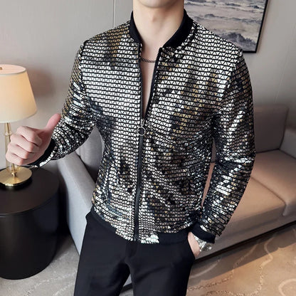 Men's Fashionable and Personalized Silver Sequin Jacket Summer New Ball Performance Suit Jacket Hip-hop Fashion Street Wear