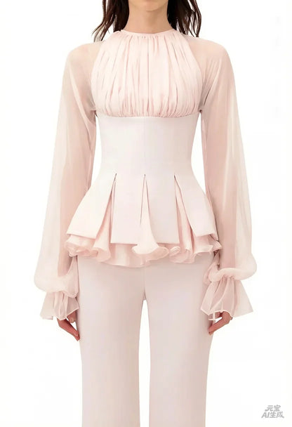Customized Light Pink Elegant Pantsuit Evening Dresses Sheer Long Sleeves Wedding Party Dress Pleats Ruched Formal Prom Gown
