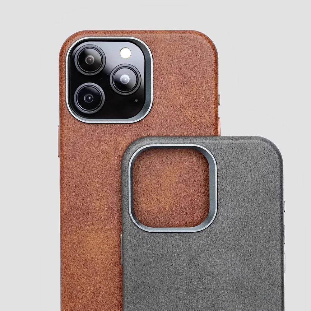 Premium Vintage Leather Magnetic Phone Case for IPhone 16 14 13 15 Pro Max Wireless Charging Alloy Camera Shockproof Back Cover