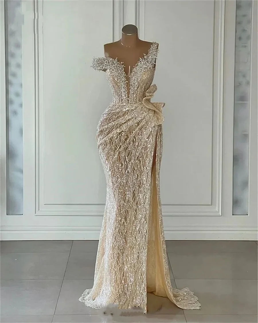 Sparkly Light Champagne Sequins Prom Gowns Beading Mermaid Off Shoulder Evening Party Dresses Pageant Formal Dress Customized