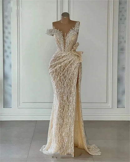 Sparkly Light Champagne Sequins Prom Gowns Beading Mermaid Off Shoulder Evening Party Dresses Pageant Formal Dress Customized