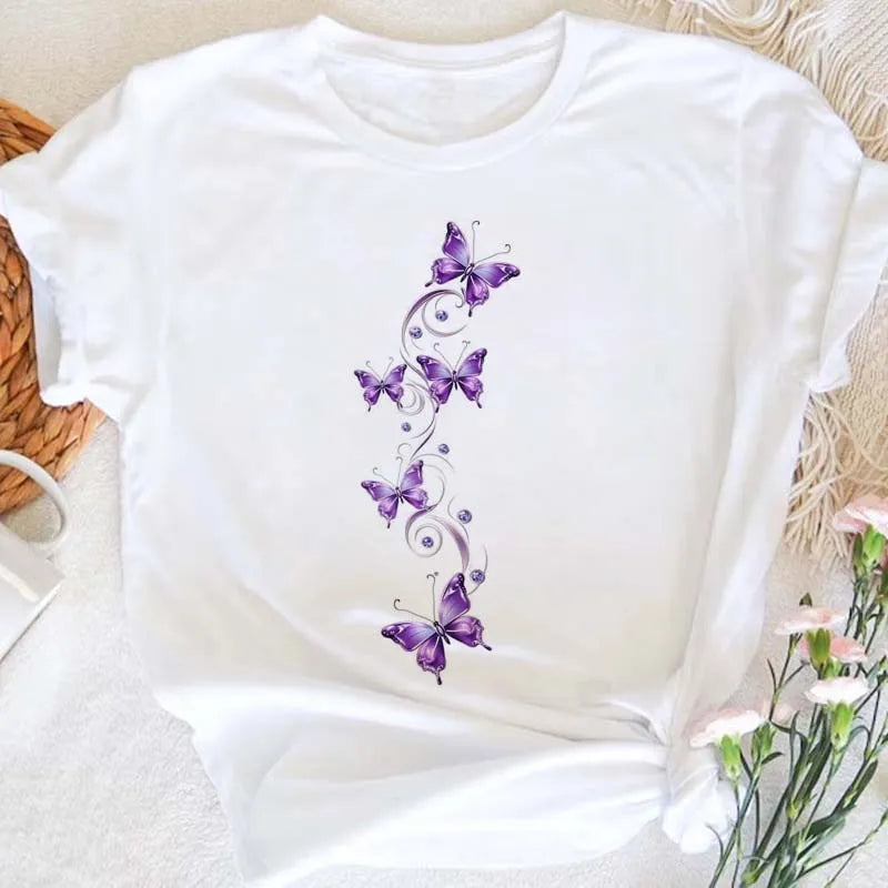 Purple Floral Butterfly Printed Women T Shirt New White T Shirt Harajuku Casual Cute Graphic Tee Shirt Female