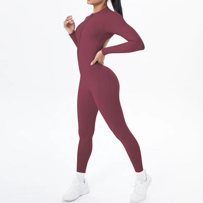 Solid Color Bodysuits for Woman's Backless Long Sleeved Zipper Yoga Jumpsuits High Dtrength Workout Sports Fitness Clothing Set