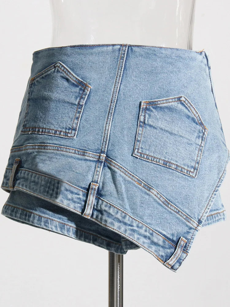 Denim Solid Shorts Skirts For Women High Waist Patchwork Irregular Hem Streetwear Short Pants Female Clothing 2022