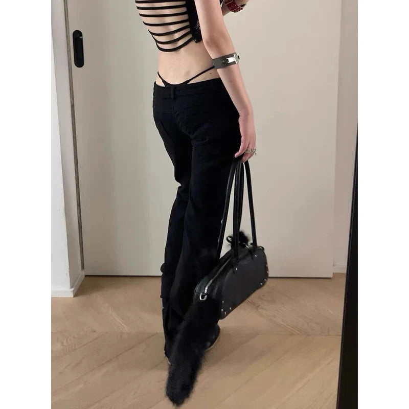 Women Low Rise Jeans Black Flared Denim Pants Gyaru American Retro Korean Cyber Punk Trumpet Jeans Y2k Skinny Bell Bottom