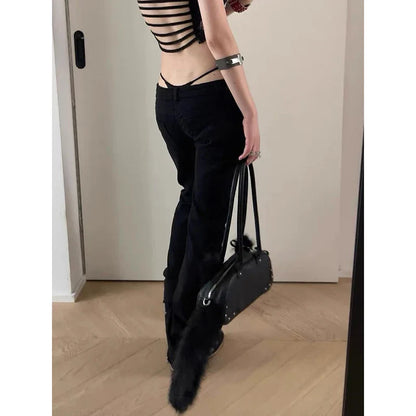 Women Low Rise Jeans Black Flared Denim Pants Gyaru American Retro Korean Cyber Punk Trumpet Jeans Y2k Skinny Bell Bottom