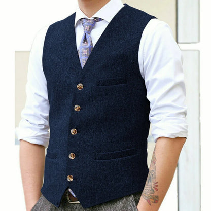 Men Vest Gray Herringbone Single Button With Pocket V Neck Waistcoat For Wedding Banquet Business Work Casual Daily Men Vest