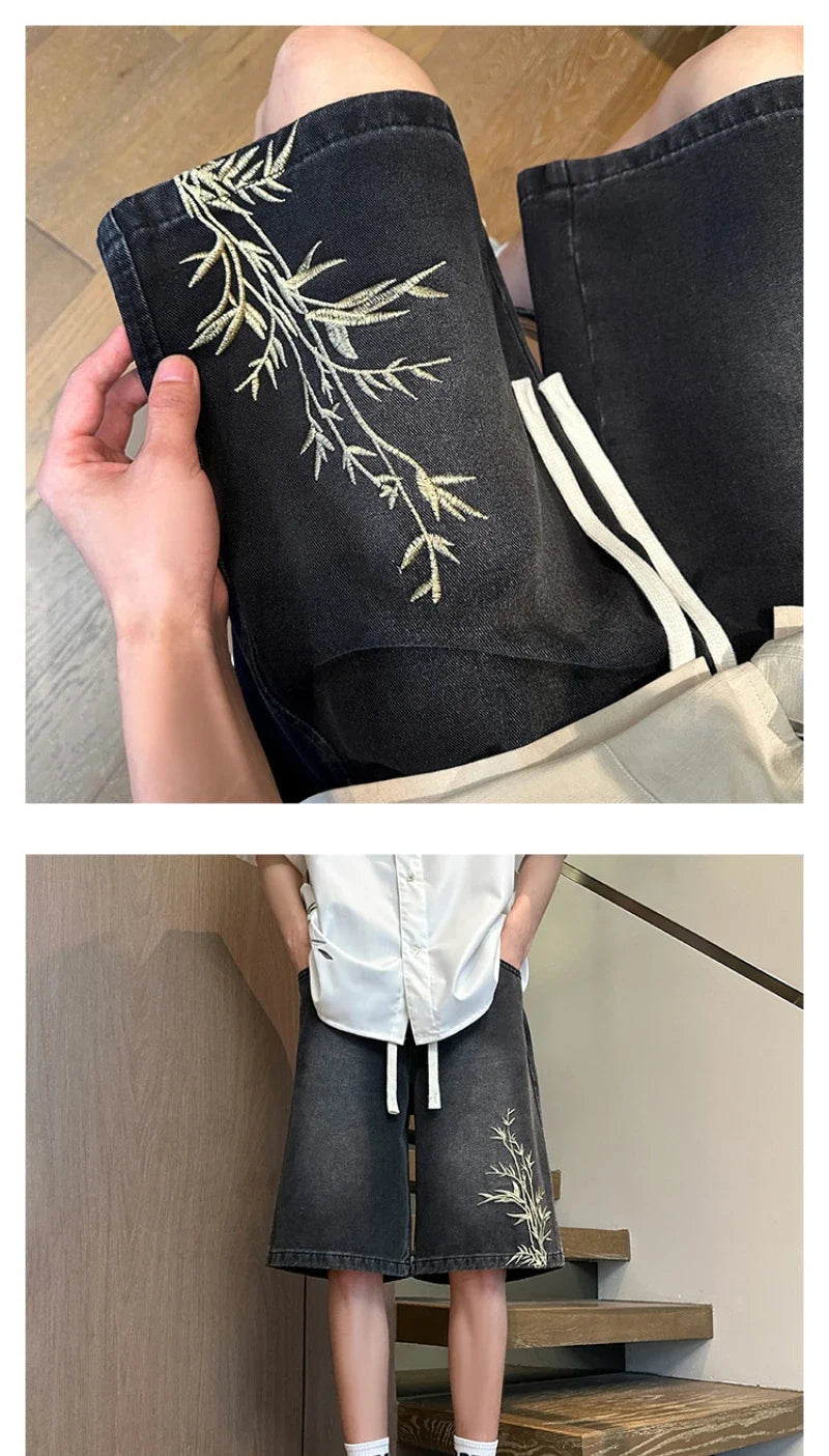 2025 Mens New Chinese Style Denim Shorts Summer Bamboo Embroidery Casual Five Inch Shorts Couple Streetwear Vintage Loose Fit Hi
