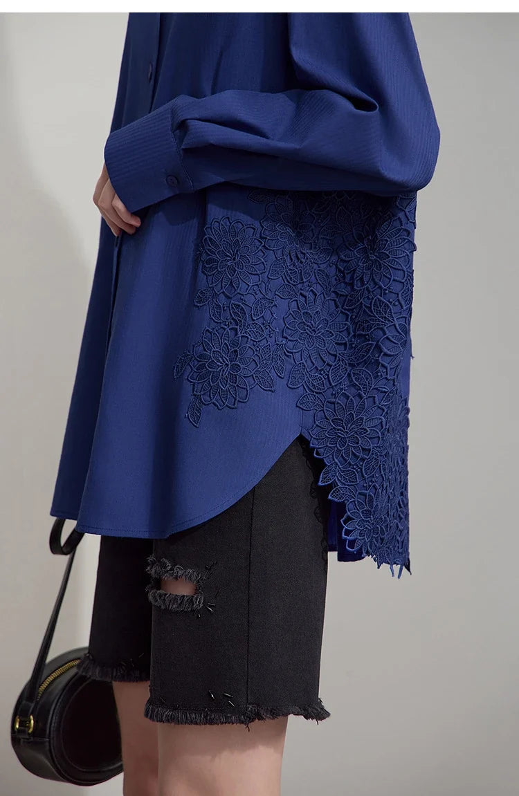 2025 New Arrival Autumn Offce Lady Shirt Turn-down Collar Drop Sleeves Loose Blouse Lace Splicing Women Clothing 12553077