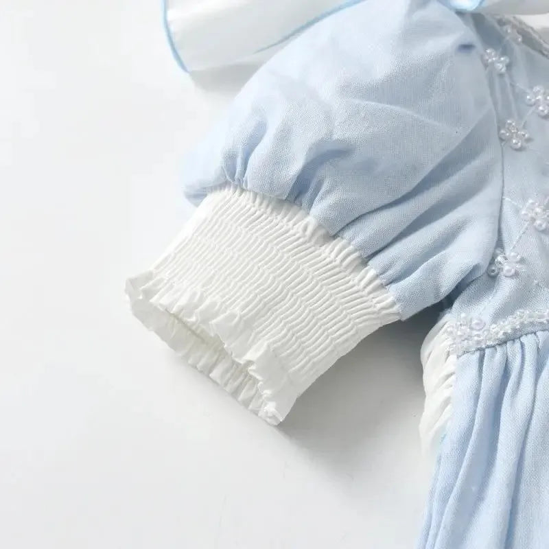 Baby Girl Princess Cotton Bow Pearl Dress Infant Toddler Child Ruffled Spanish Blue Vestido Birthday Party Baby Clothes 18M-7Y