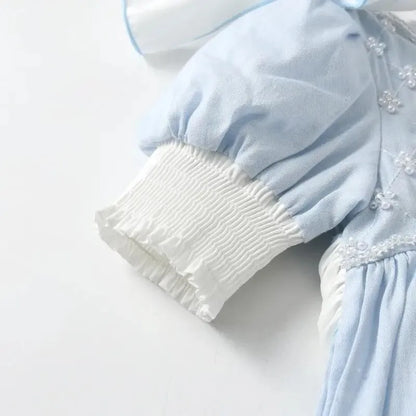 Baby Girl Princess Cotton Bow Pearl Dress Infant Toddler Child Ruffled Spanish Blue Vestido Birthday Party Baby Clothes 18M-7Y