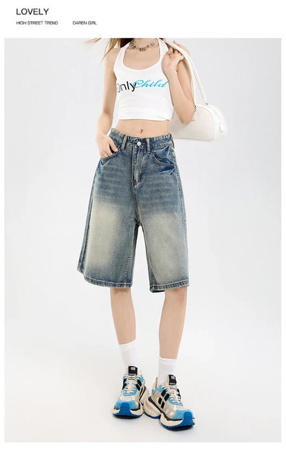 2026 Korean Street Casual Y2K Loose Wide-leg Denim Shorts Five-point Baggy Jeans Women's All-match Straight Summer Hot Shorts