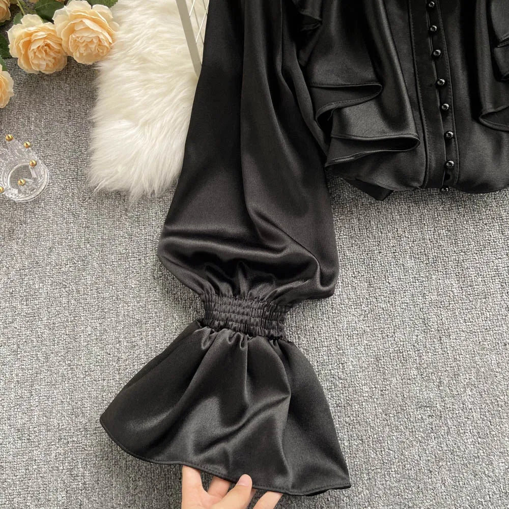 High Quality Satin Loose Shirt Long Flared Sleeves Ruffles O Neck Beading  Women Gentle Office Lady Casual Blouse