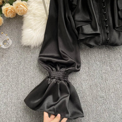 High Quality Satin Loose Shirt Long Flared Sleeves Ruffles O Neck Beading  Women Gentle Office Lady Casual Blouse