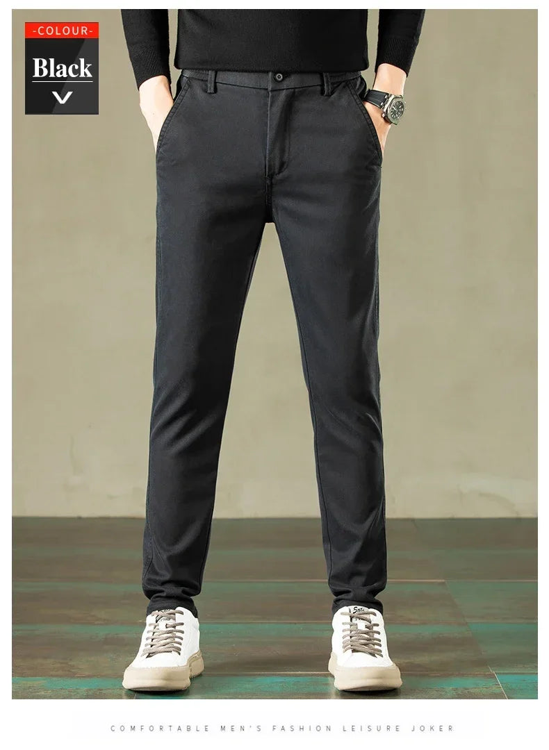 2024 Spring New Men's Casual Pants Brand Clothing Business Elastic Waist Thick Classic Slim Trousers Male Black Grey Brow