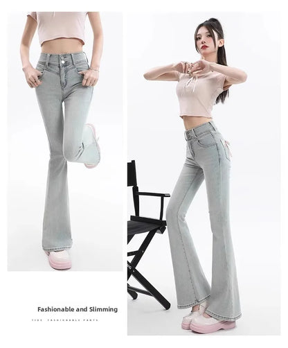 High Waist Bell Bot Denim Jeans Women's Light Color Peach Butt Design Slimming Fitted Floor Length  Hoof Pants