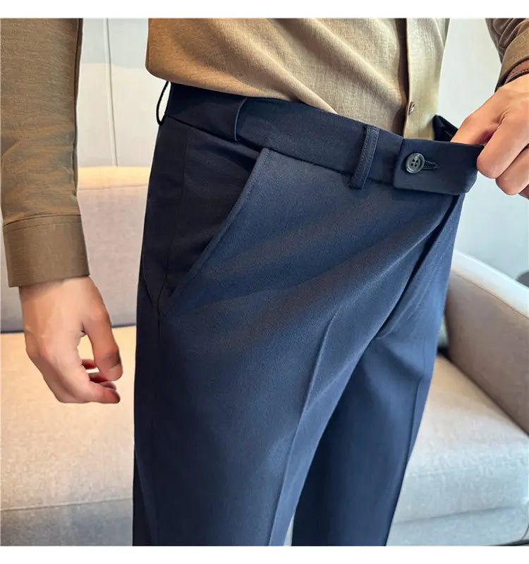 Autumn Winter Thicken Elastic Waist Casual Suit Pants High Quality Men Woven Dark Striped Slim Fit Office Social Dress Trousers