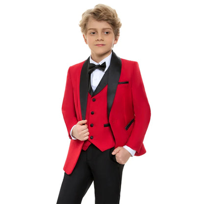 Vibrant Contrast Lapel Boy's Suit Bold Red & Black For Boys 4-Piece Suit Sleek Formal Ring Boys Includes Blazer Vest Pants