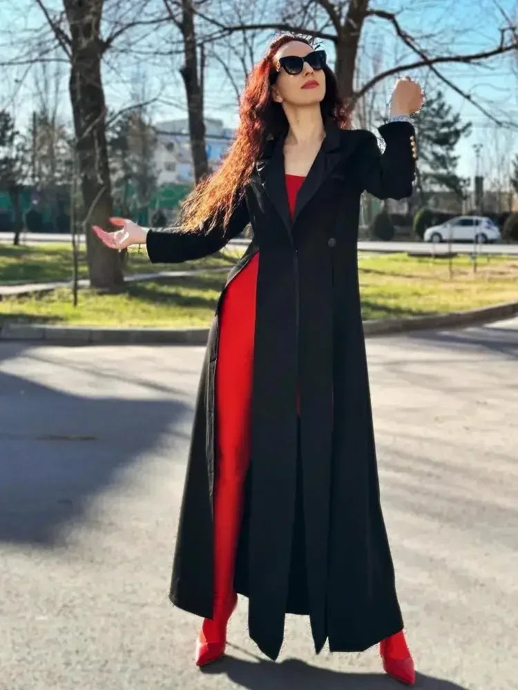 Missuoo Women's Black Extra-long Blazer Coat Lapel Long Sleeves Split-side Elegant Formal Floor Length Tailored Evening Coat