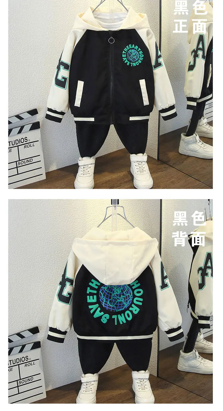 Fashion Boys Color Block Baseball Jacket 2025 Spring Autumn Baby Girl Letter Print Casual Hooded Zipper Coats Kid Clothes 2-12 Y