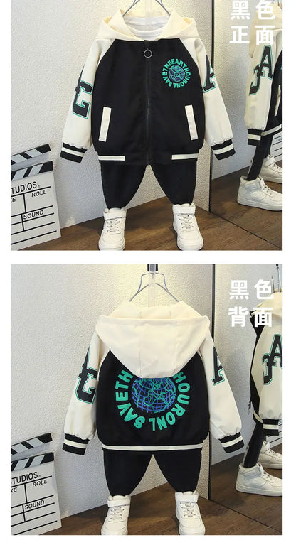 Fashion Boys Color Block Baseball Jacket 2025 Spring Autumn Baby Girl Letter Print Casual Hooded Zipper Coats Kid Clothes 2-12 Y