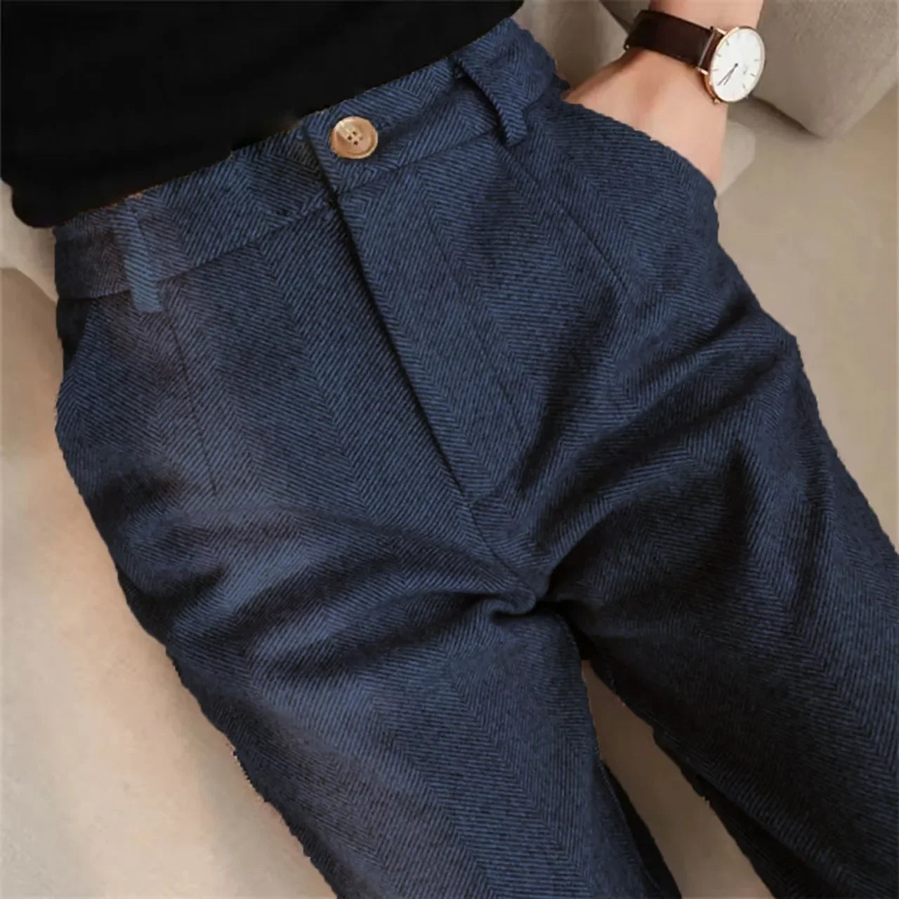 Italian Vintage Suit Pant For Men Autumn Winter Wool Herringbone Pattern Straight Trousers British Style Business Casual Pants