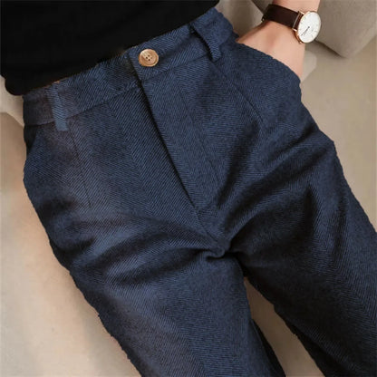 Italian Vintage Suit Pant For Men Autumn Winter Wool Herringbone Pattern Straight Trousers British Style Business Casual Pants