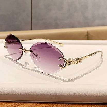 2026 New Fashion Leopard Head Frameless Oval Sunglasses Women Men Internet Celebrity Female Sunscreen Sun Glasses High-end UV400