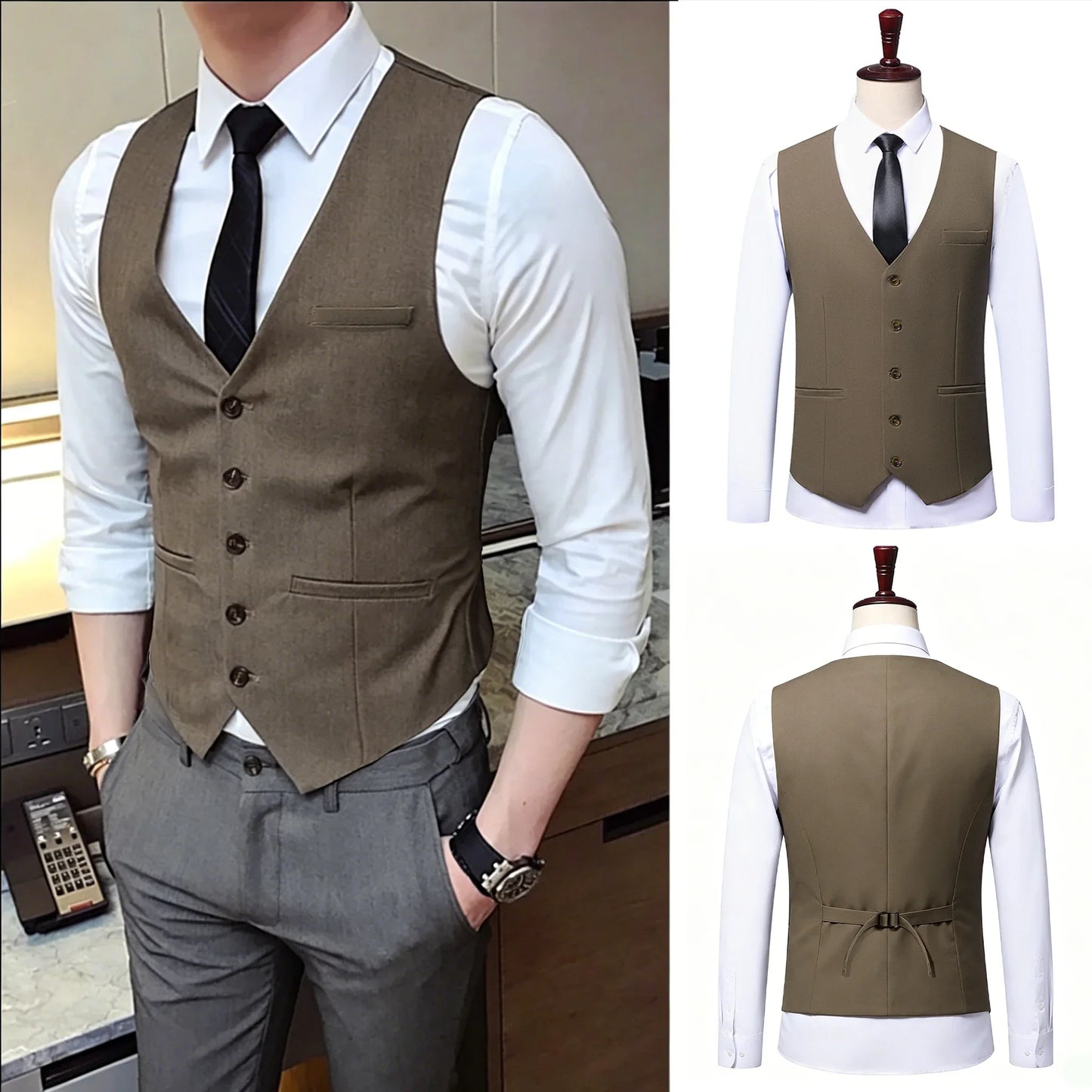 Plus Size Mens Vest Checkered Elastic Single Breasted Waistcoat For Host Groom Groomsmen Coffee Khaki l Suit Vest for Men 9XL