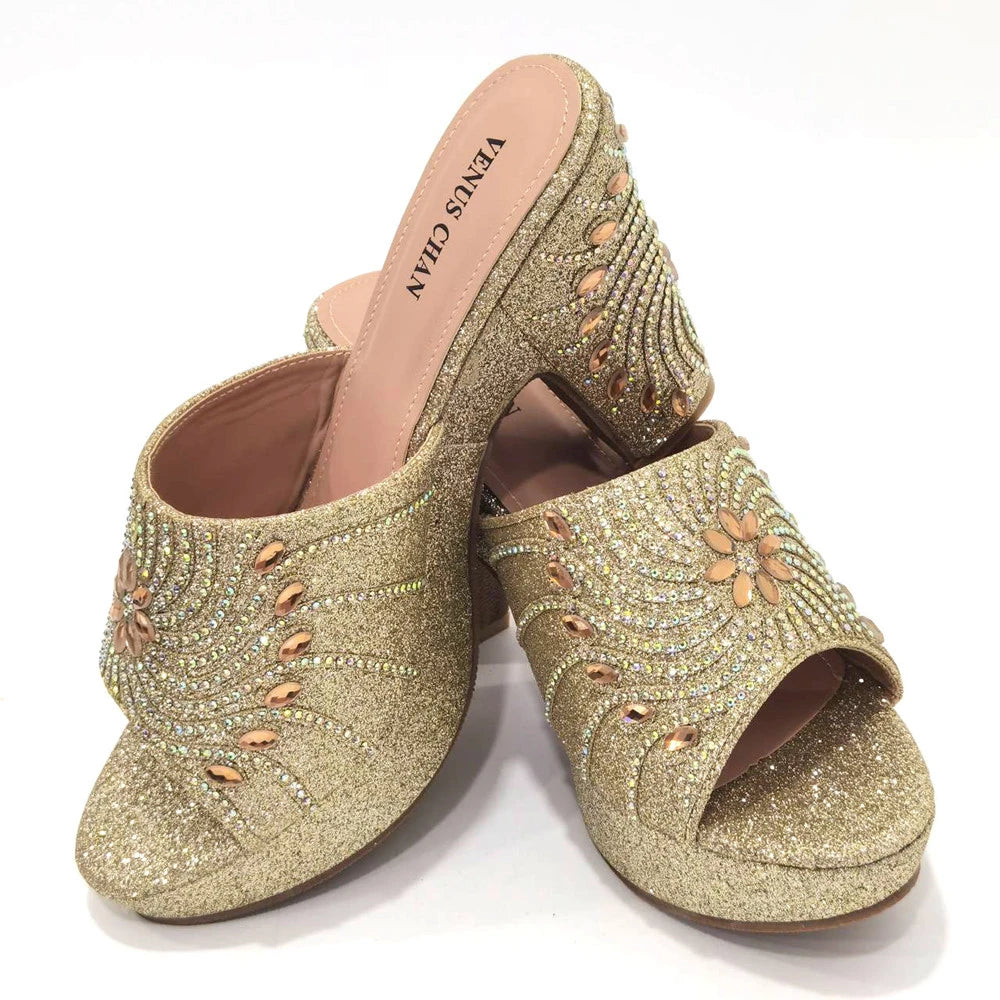 Women's Shoes High Heels Sexy Ladies Party Wedding Pattern Embroidery Mules Shoes and Bags Set for Italian 2023