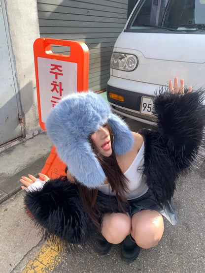Korean Ins Imitation Mink Plush Hat Winter Women Ear Protection Bomber Hats Fashion Warm Fluffy Faux Fur Ski Beanies Y2k Gift