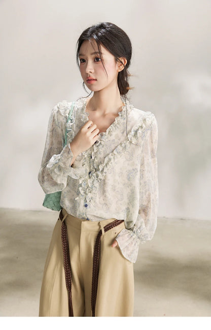Women's Light Blue Paisley Print Ruffle Blouse V-neck Sheer Long Sleeve Chiffon Shirt Casual Summer Wear MXF13X2549